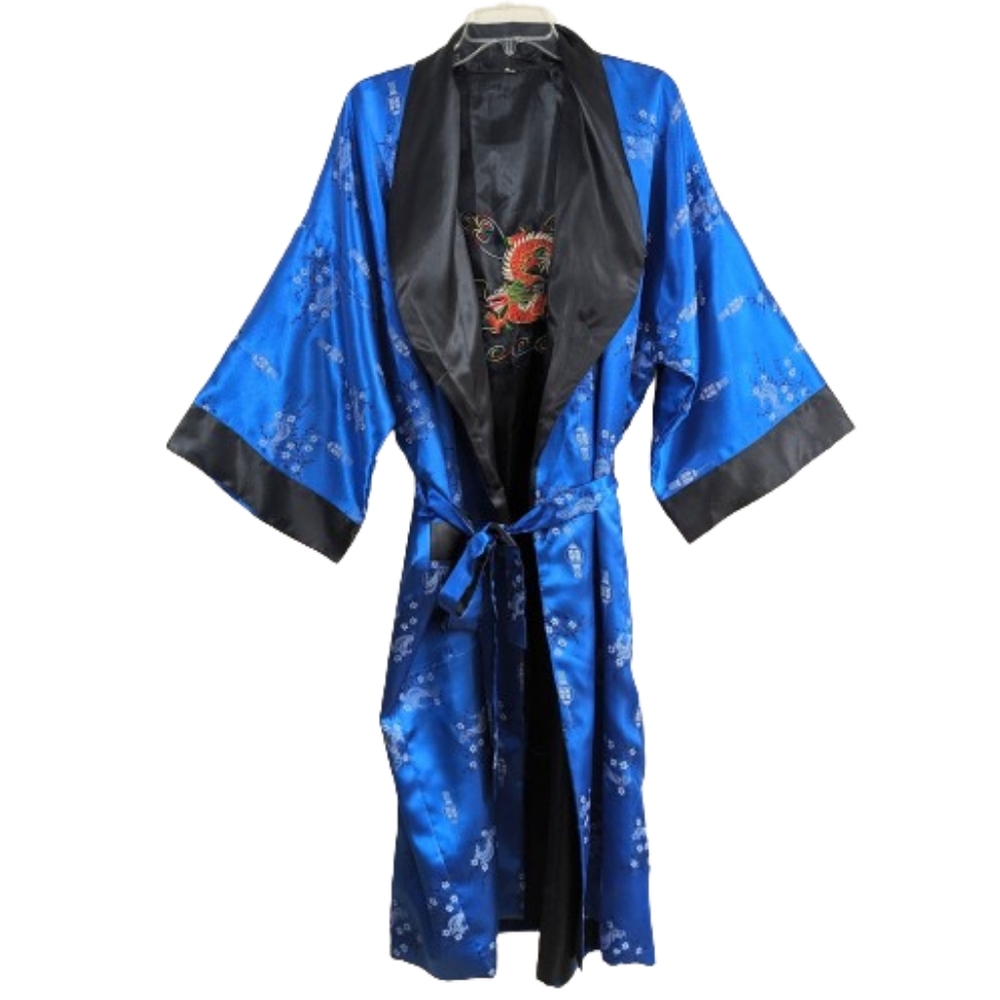 Reversible Robe Kimono Satin Royal Blue Black With Embroidered Dragons